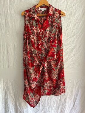 Coastal Cowgirl Red Tropical Floral Midi Dress / 80s Retro